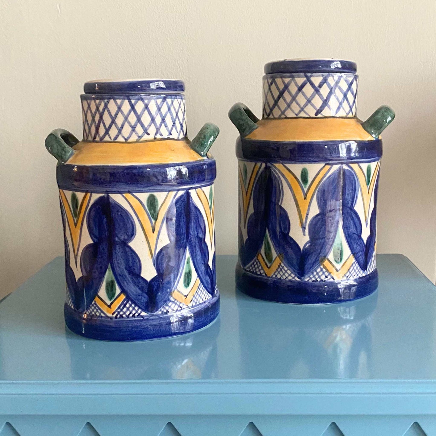 Guatemalan Jar with Lid Yellow Blue Large