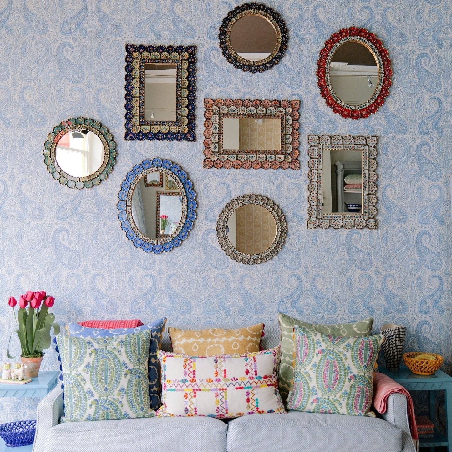 Small Round Scallop Navy Blue Mirror