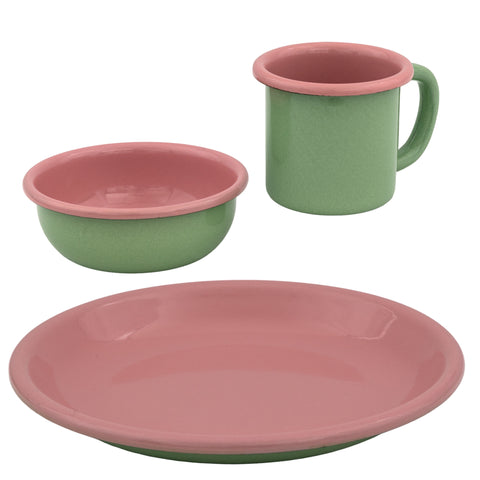 Children's 3 Piece Enamel Tableware Set Green Pink