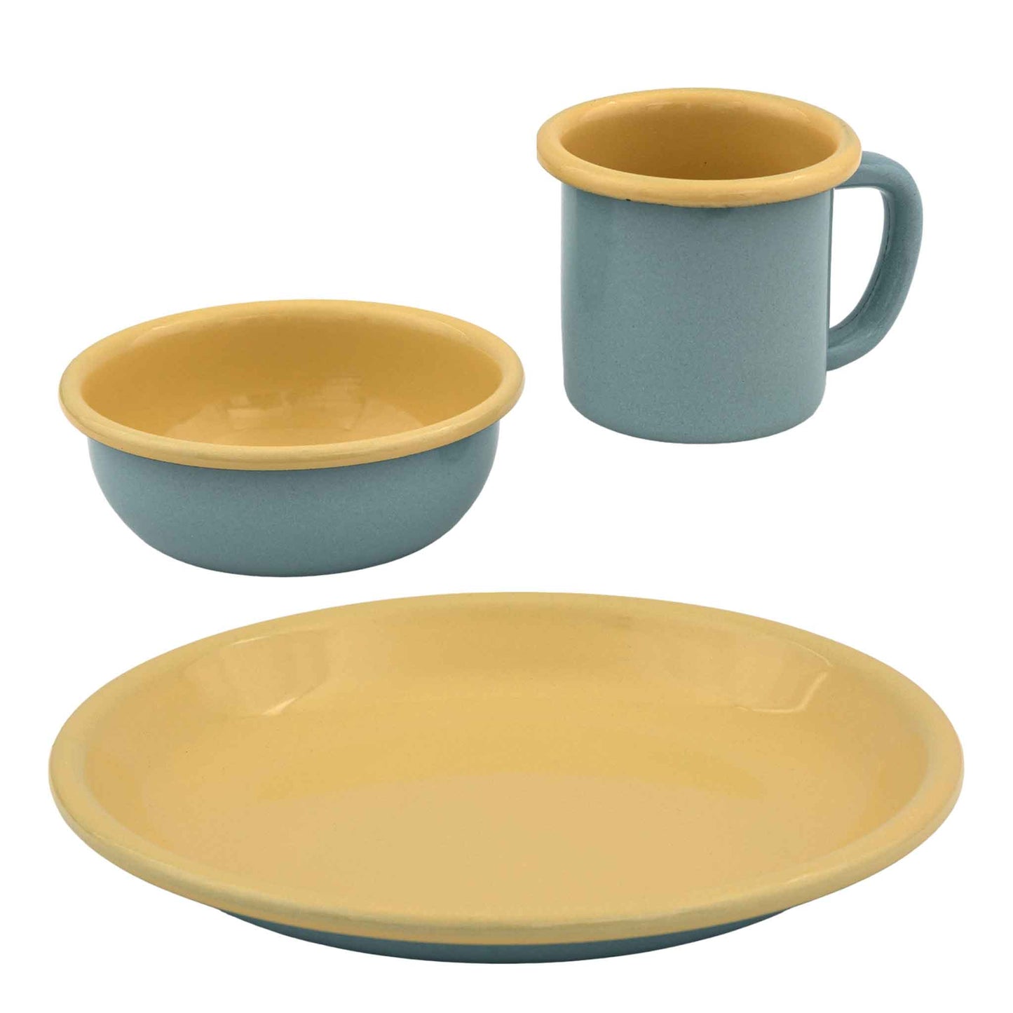 Children's 3 Piece Enamel Tableware Set Blue Yellow