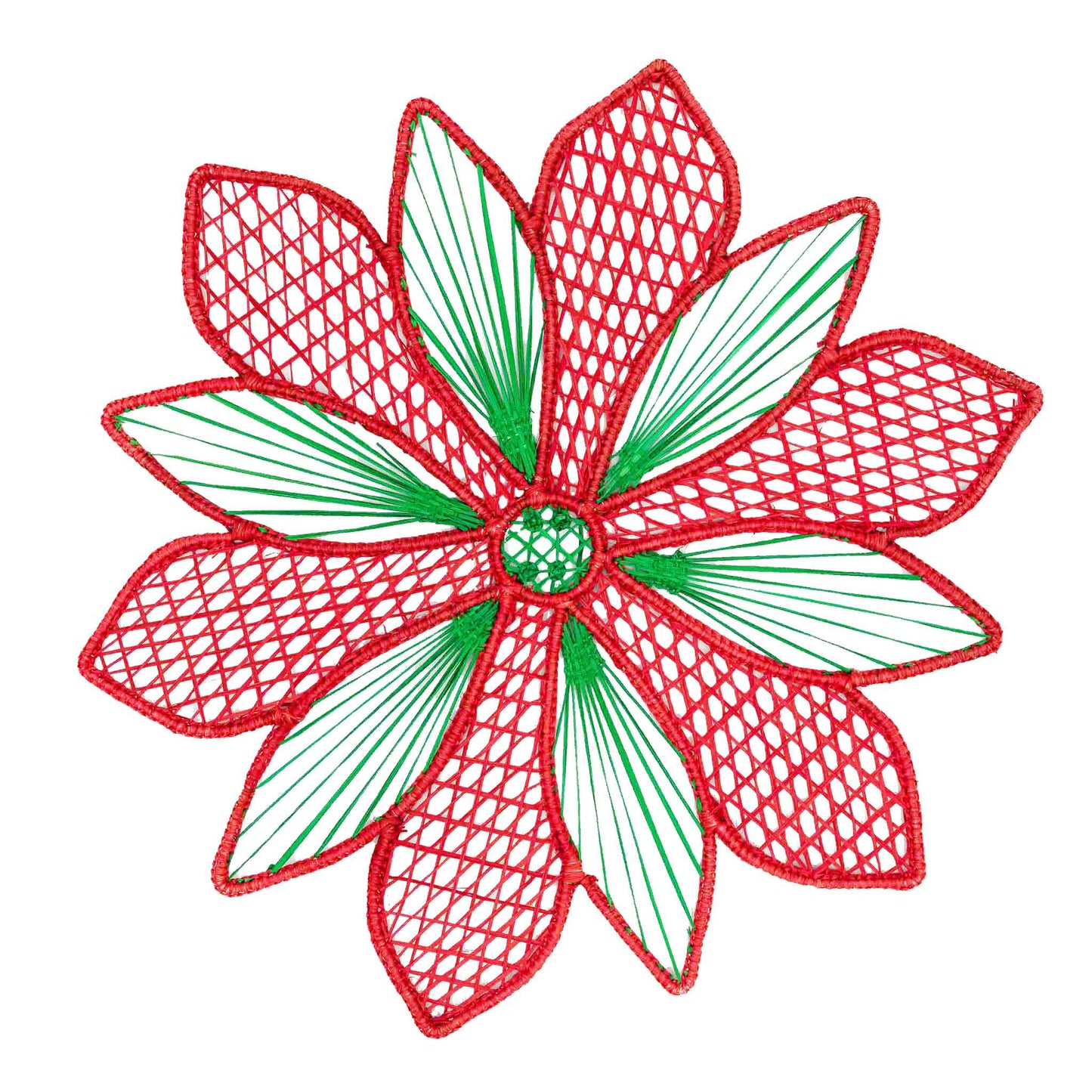 red and green festive woven placemat in flower shape