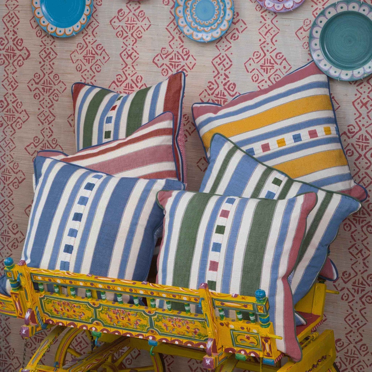 striped woven guatemalan cushion blue green