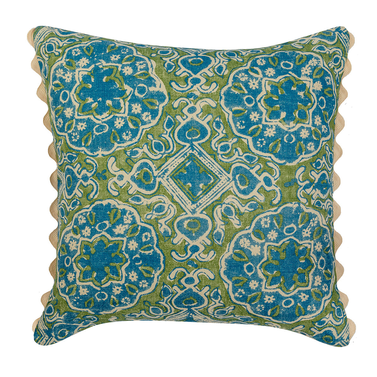 Blue green floral geometric square cushion with cream scalloped trim.
