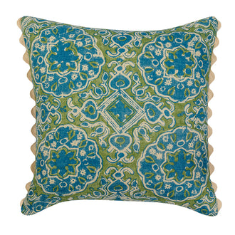 Blue green floral geometric square cushion with cream scalloped trim.