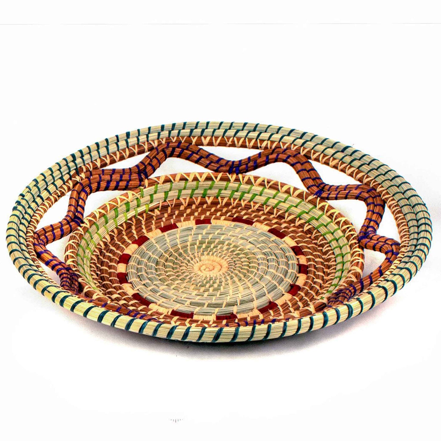 pine needle handwoven basket green orange