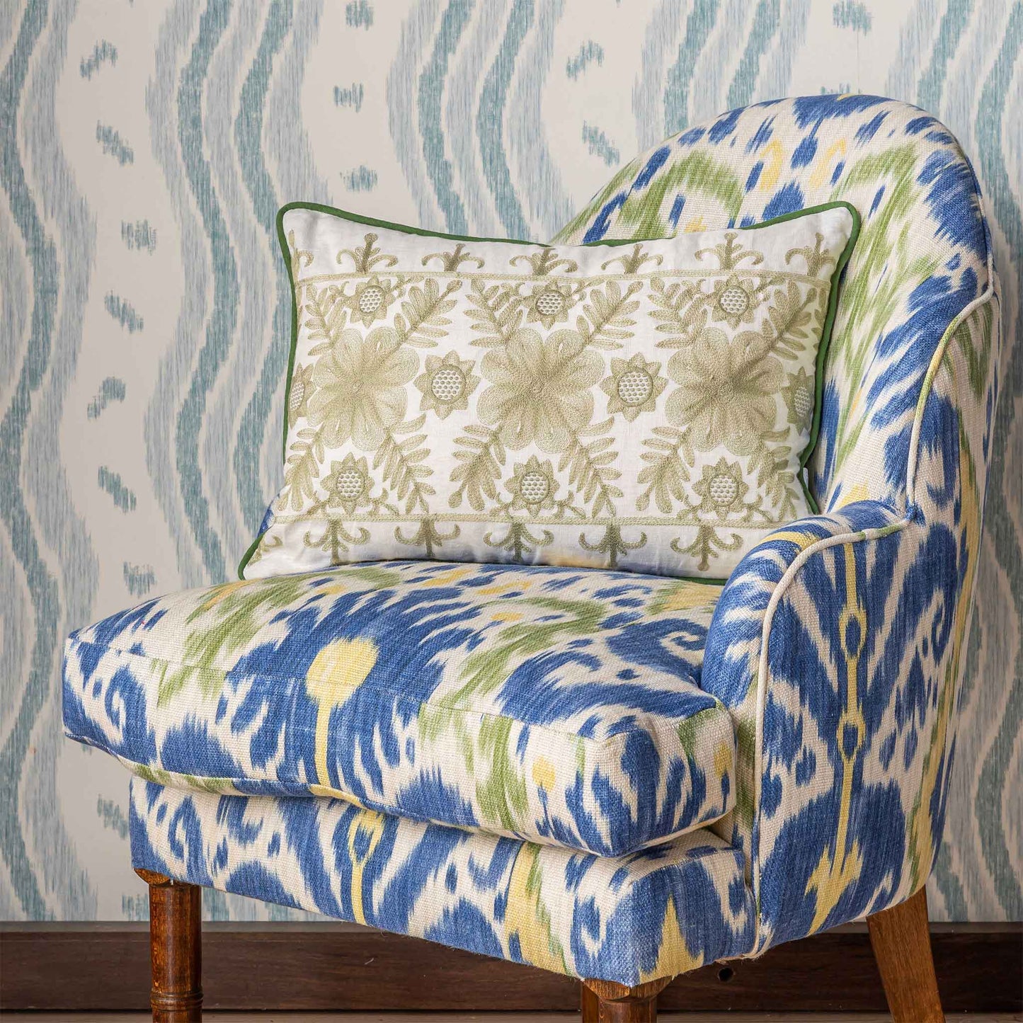 angelica green and white embroidered cushion