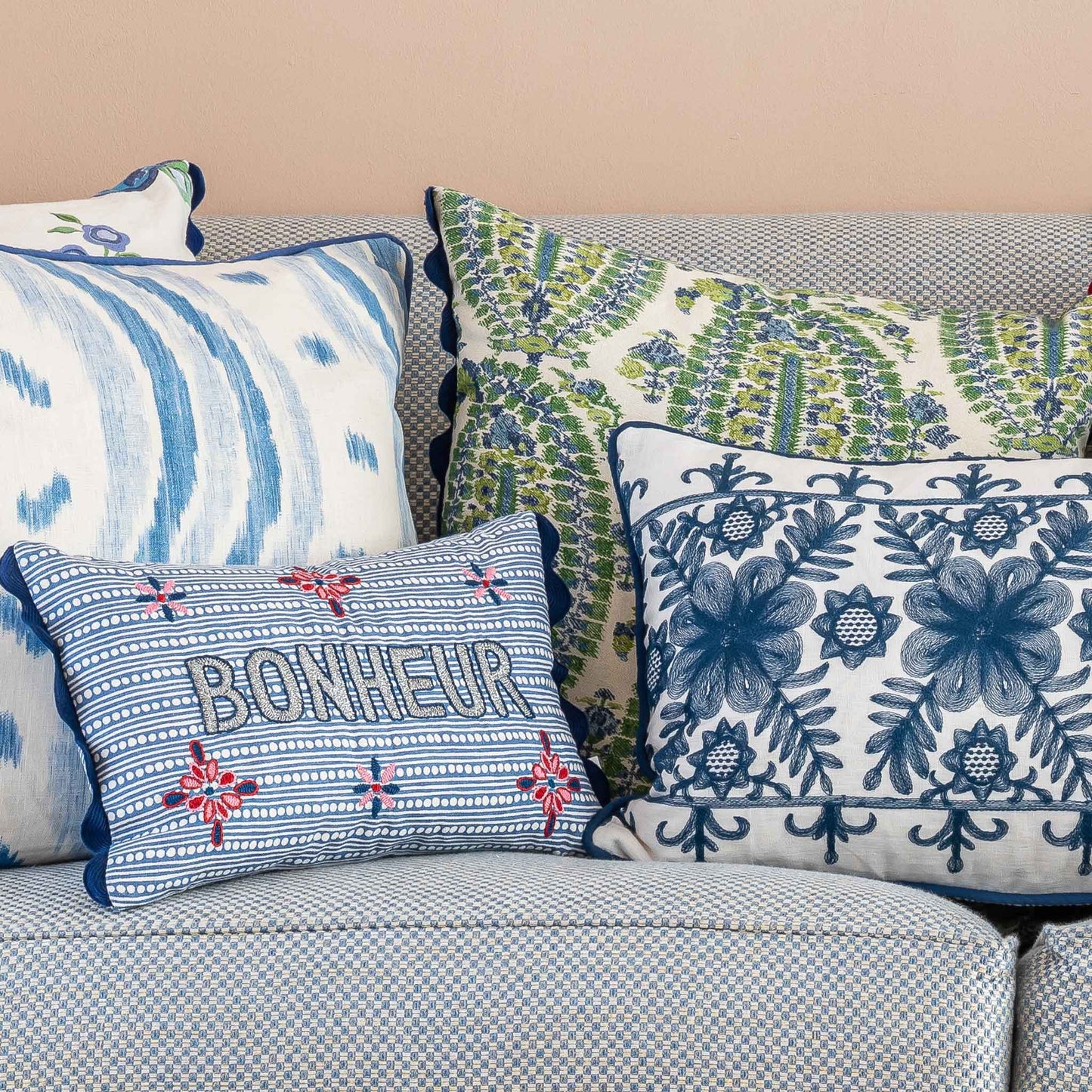 Anoushka paisley blue green square cushion navy scallop rick rack Wicklewood