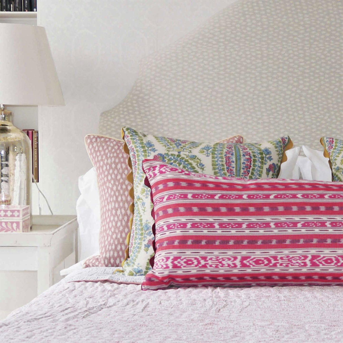 Anoushka paisley blue green pink square cushion yellow scallop rick rack Wicklewood