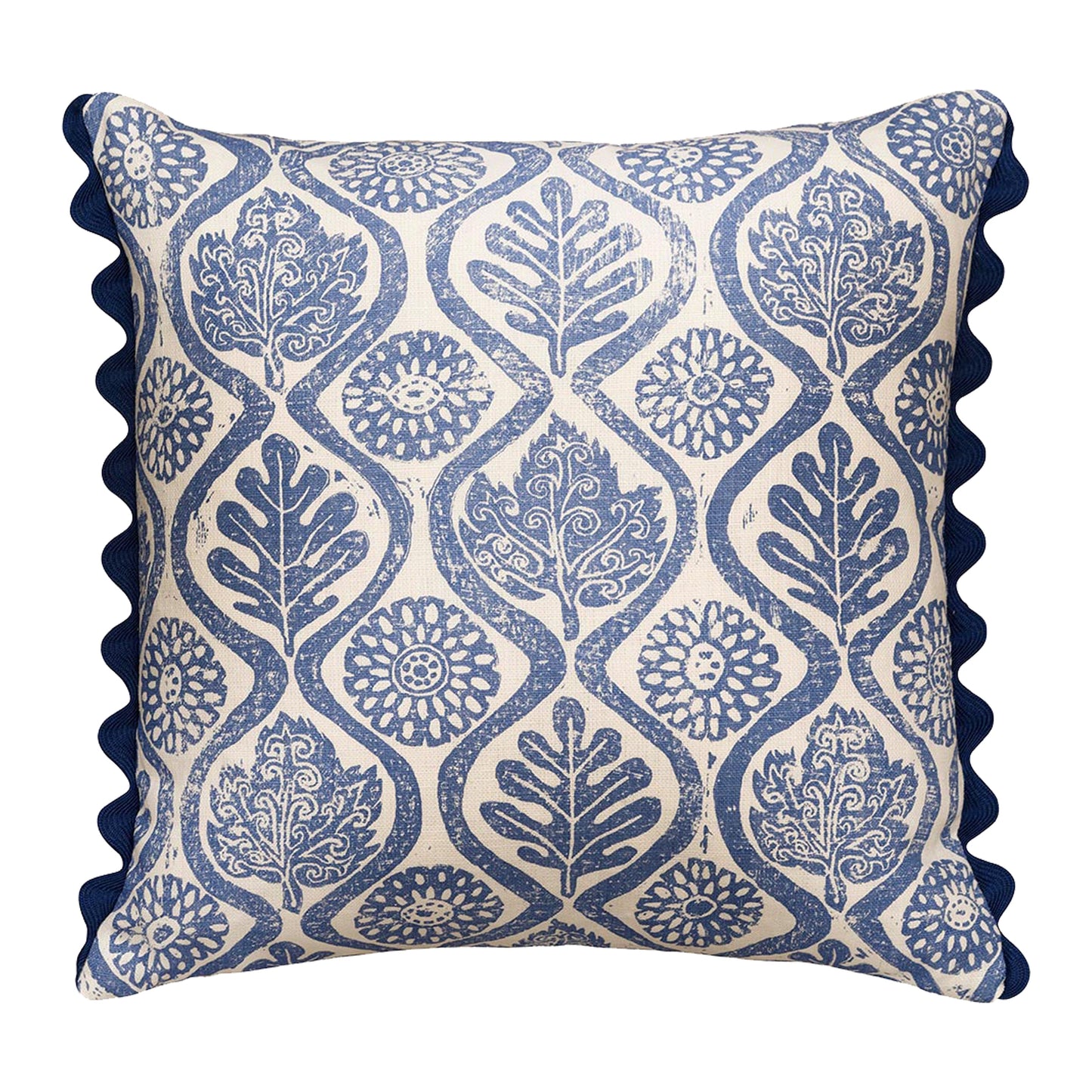 Floral nature blue printed cushion with navy blue scalloped trim.