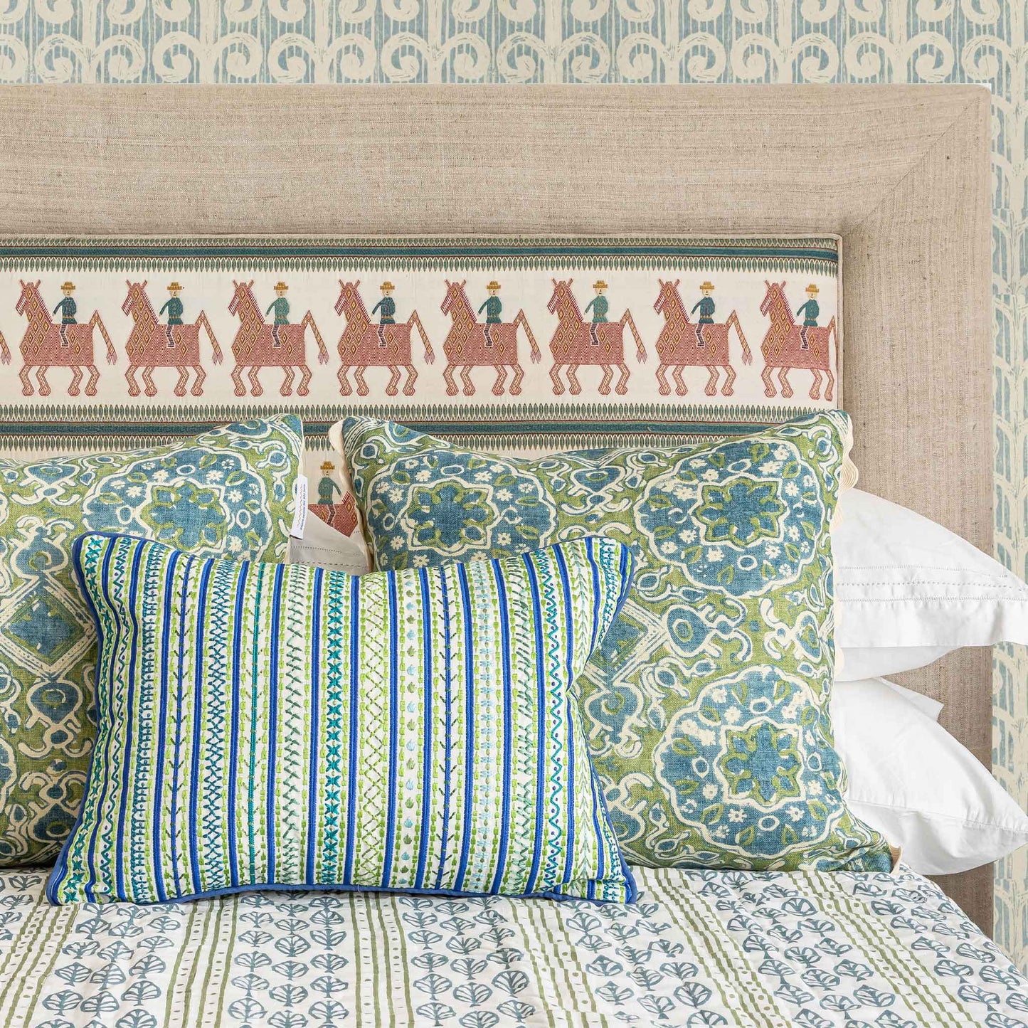ashcombe patterned blue green cushion and embroidered oblong cushion