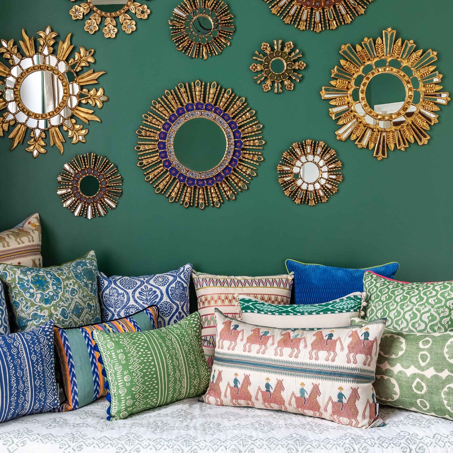 Floral blond green cushion with cream tan trim.