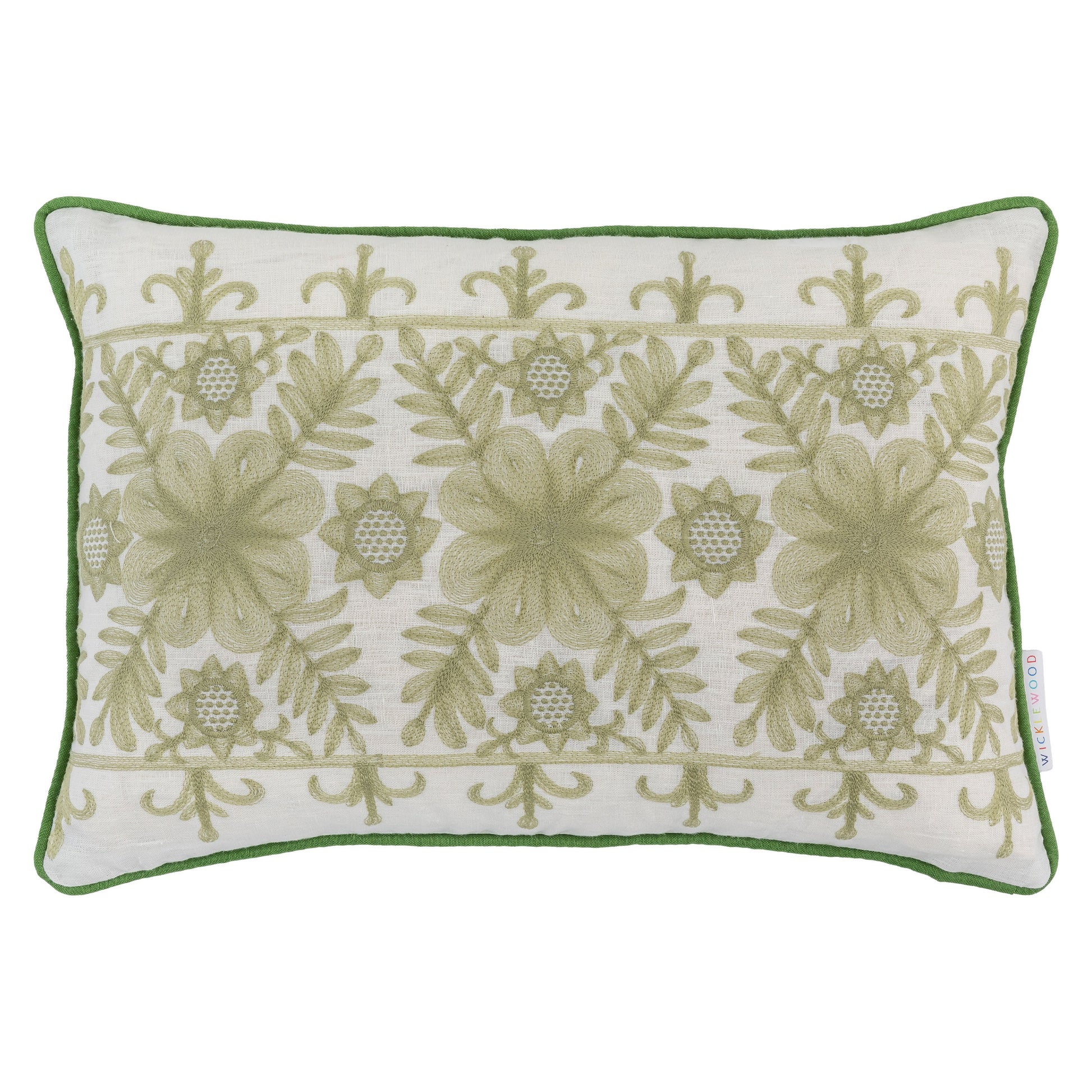 angelica green and white embroidered cushion