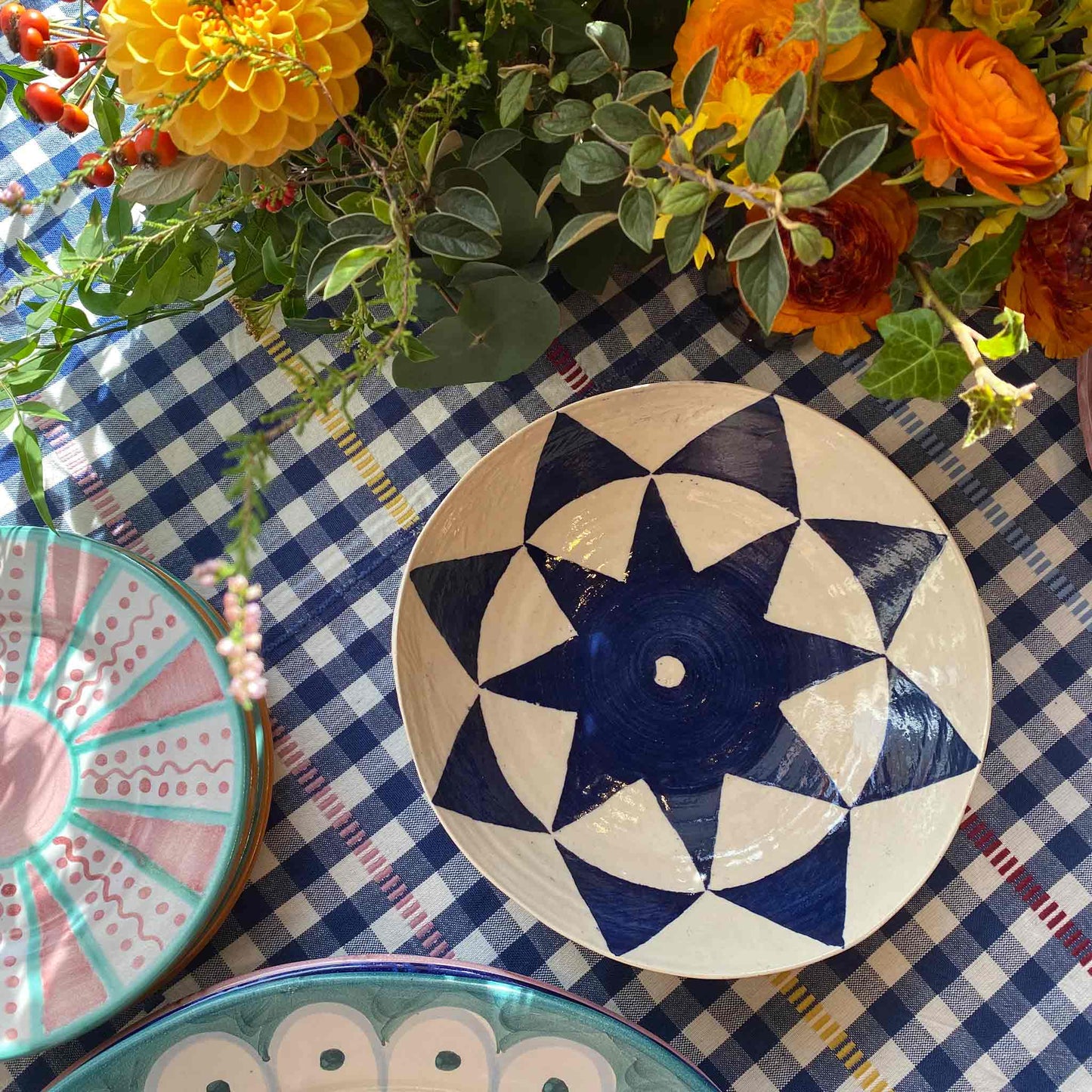 Handwoven Gingham Mexican Tablecloth Blue Multi