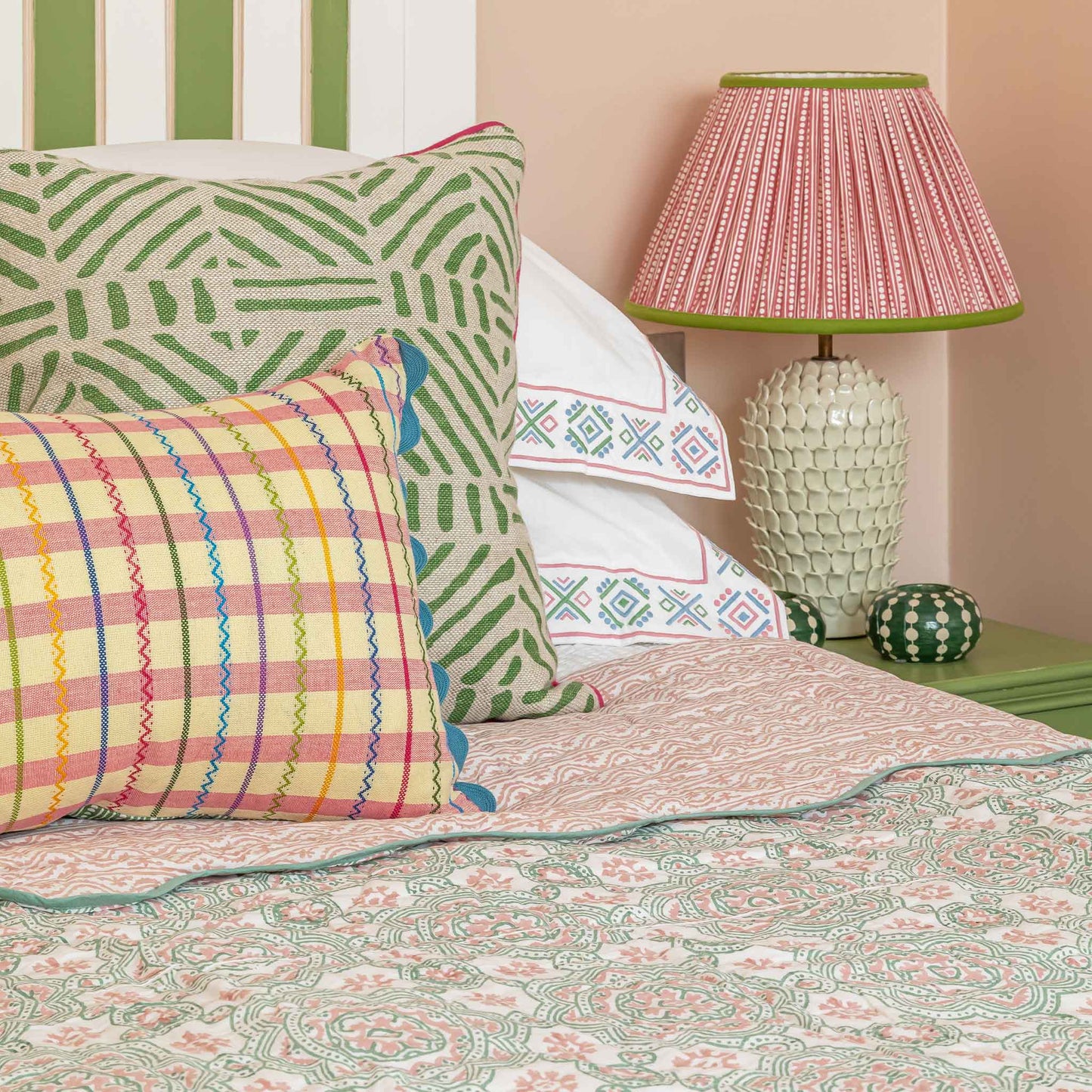 calabria reversible hand block printed scalloped quilt green pink