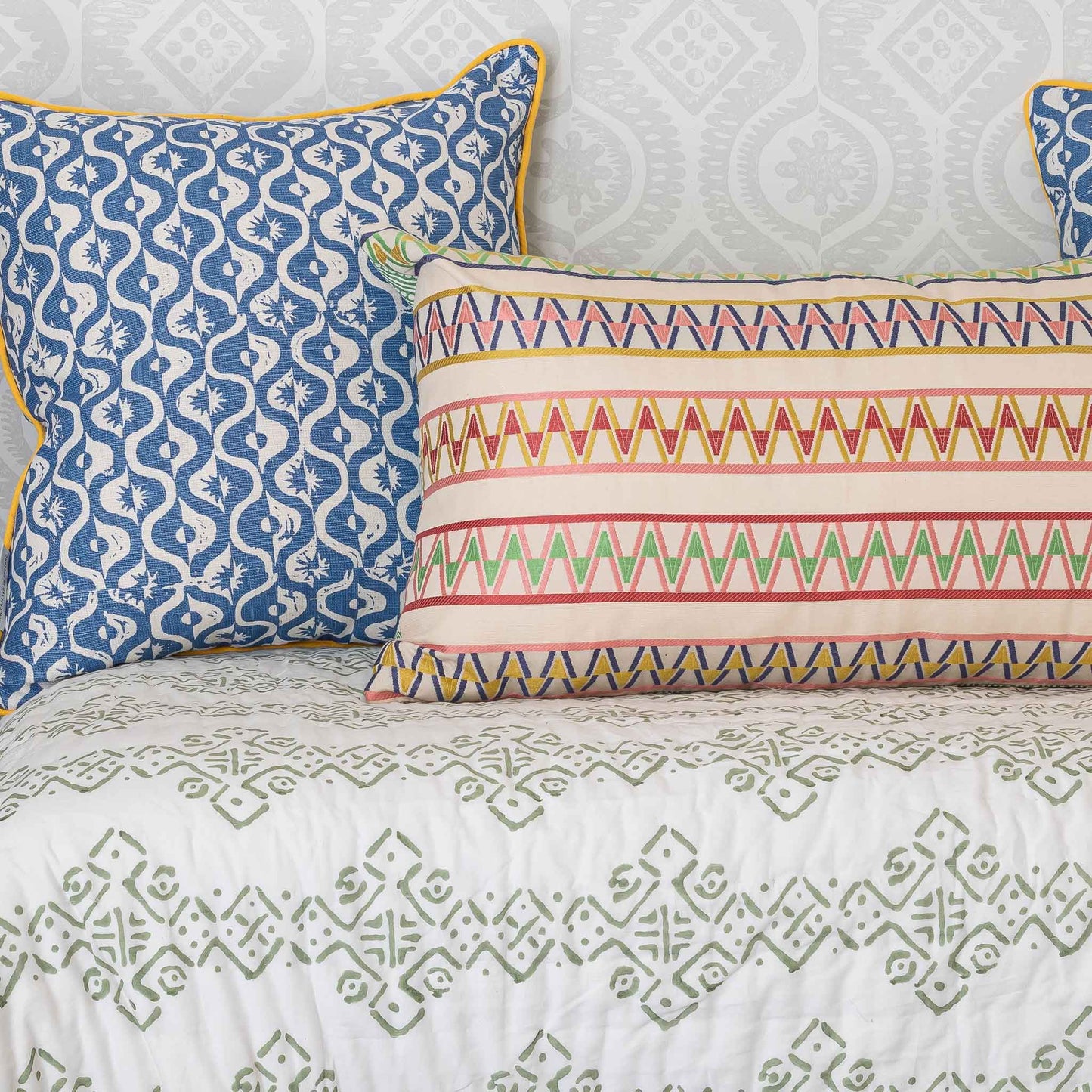 mali green hand block printed quilt handwoven cushions