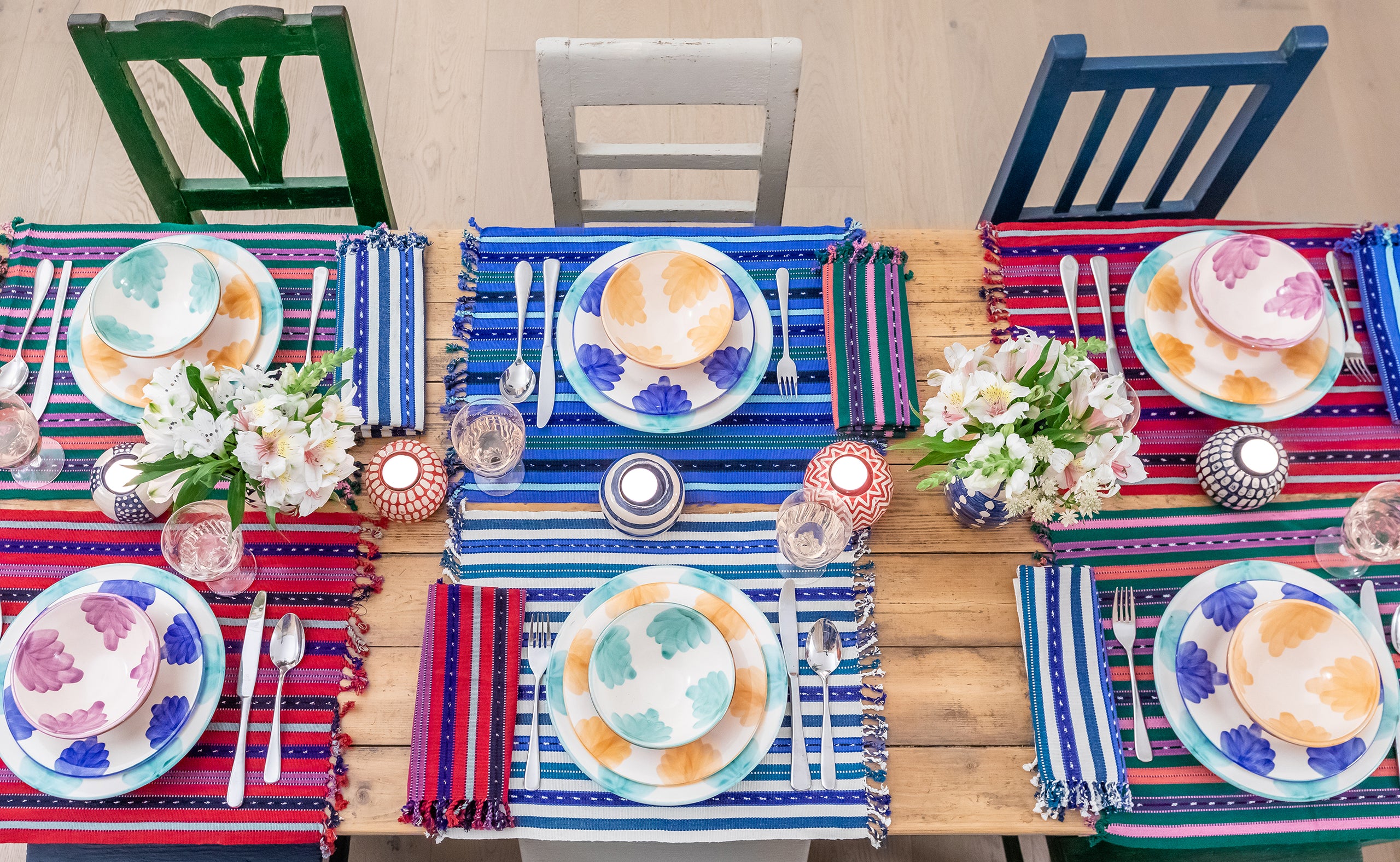 Colourful Easter table top decorating ideas, using hand block printed table cloths and hand-woven table placemats to transform your Easter Sunday table top