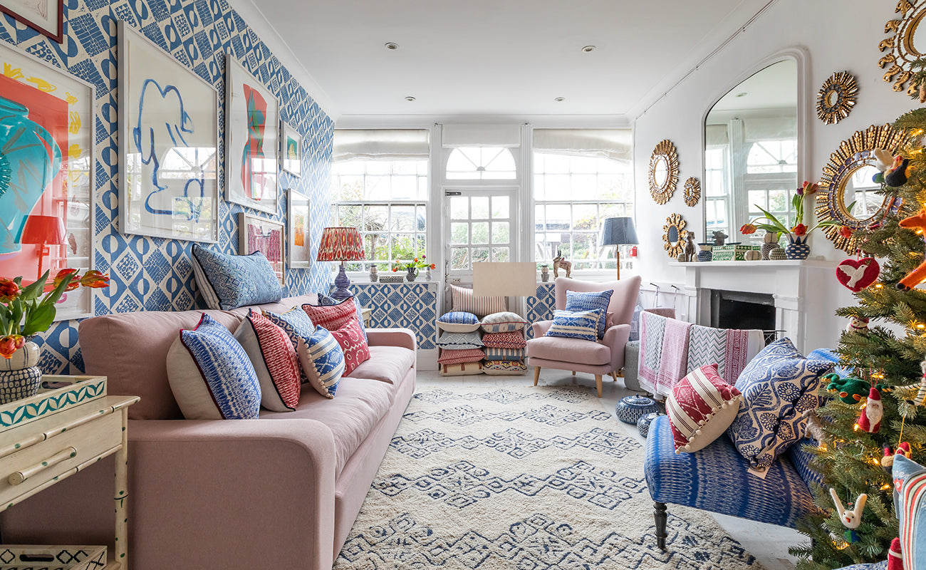 Willow Crossley, interior and floral stylist, decorate Wicklewood's pop up shop with a blue and red edit of her favourite pieces from Wicklewood and partner brands, Arlo & Jacob, Blithfield, Pooky, Partnership Editions and Chelsea Textiles. 