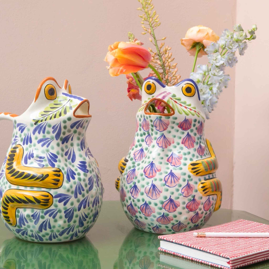 gorky pink green handpainted frog jug