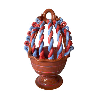 Twisted-Handle Guatemalan Ceramic Basket Blue Red