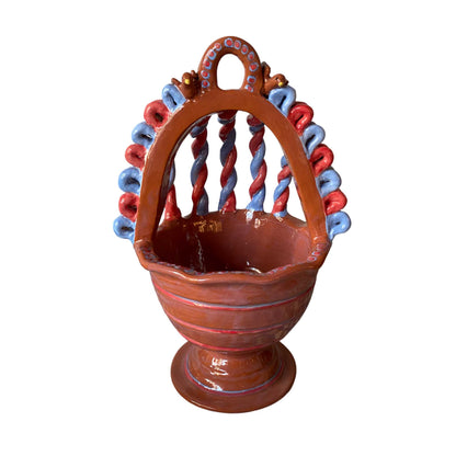 Twisted-Handle Guatemalan Ceramic Basket Blue Red