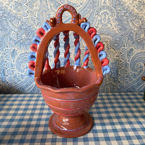 Twisted-Handle Guatemalan Ceramic Basket Blue Red
