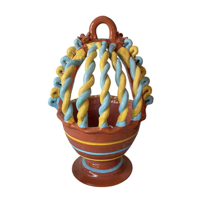 Twisted-Handle Guatemalan Ceramic Basket Blue Yellow