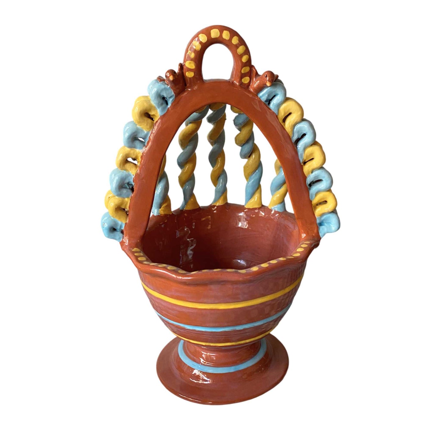 Twisted-Handle Guatemalan Ceramic Basket Blue Yellow