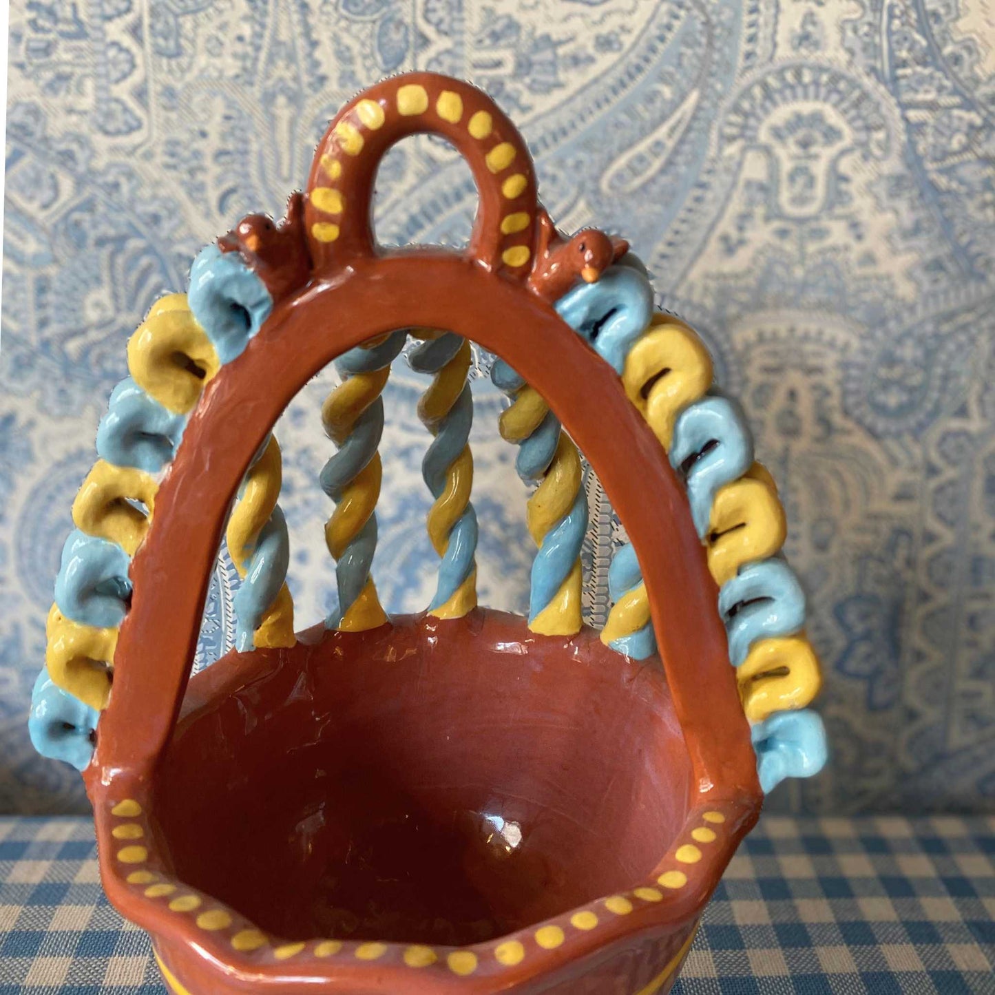 Twisted-Handle Guatemalan Ceramic Basket Blue Yellow