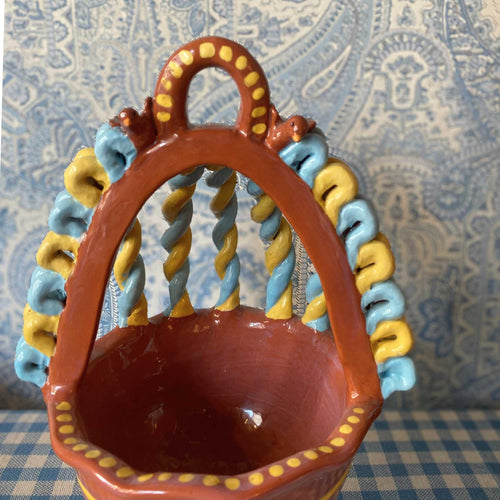 Twisted-Handle Guatemalan Ceramic Basket Blue Yellow
