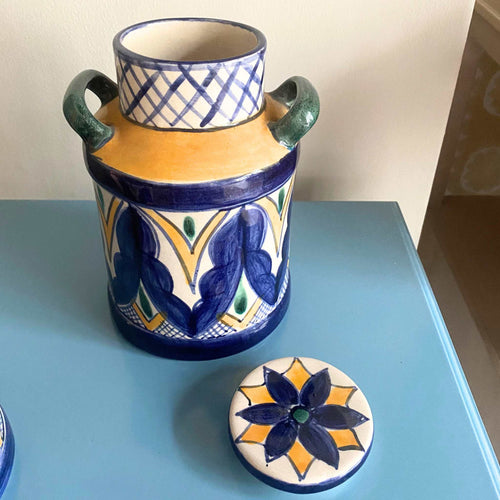 Guatemalan Jar with Lid Yellow Blue Large