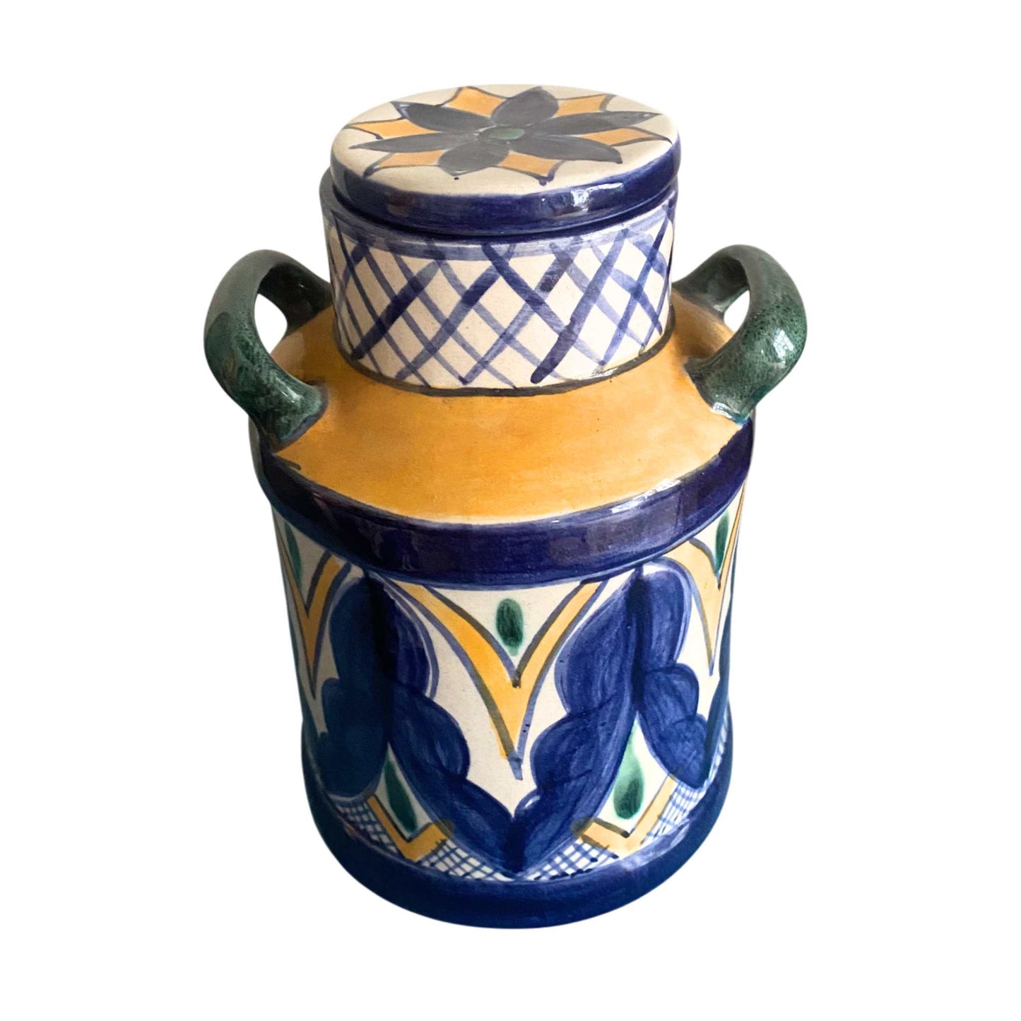 Guatemalan Jar with Lid Yellow Blue Large
