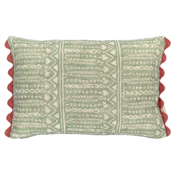 abingdon patterned sage cushion pink trim