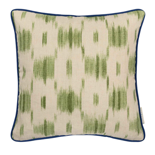 green ikat cushion navy pipping