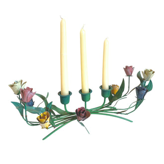 Vintage Floral Metal Toleware Candleholder