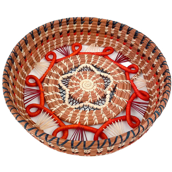 pine needle and raffia basket brown red 