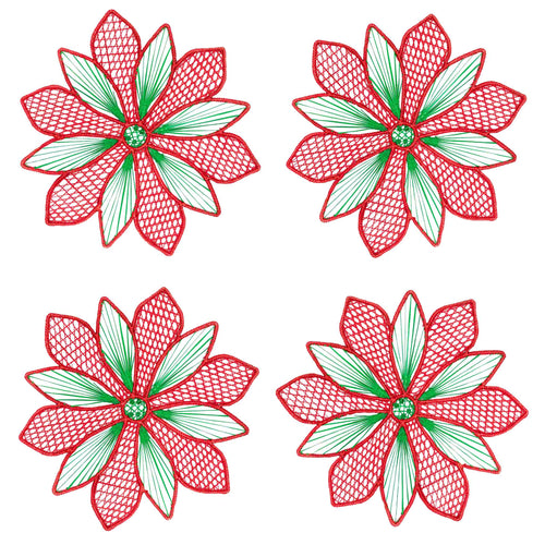 set of four red and green festive woven placemats in flower shape