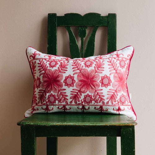 angelica oblong cushion coral red embroidery
