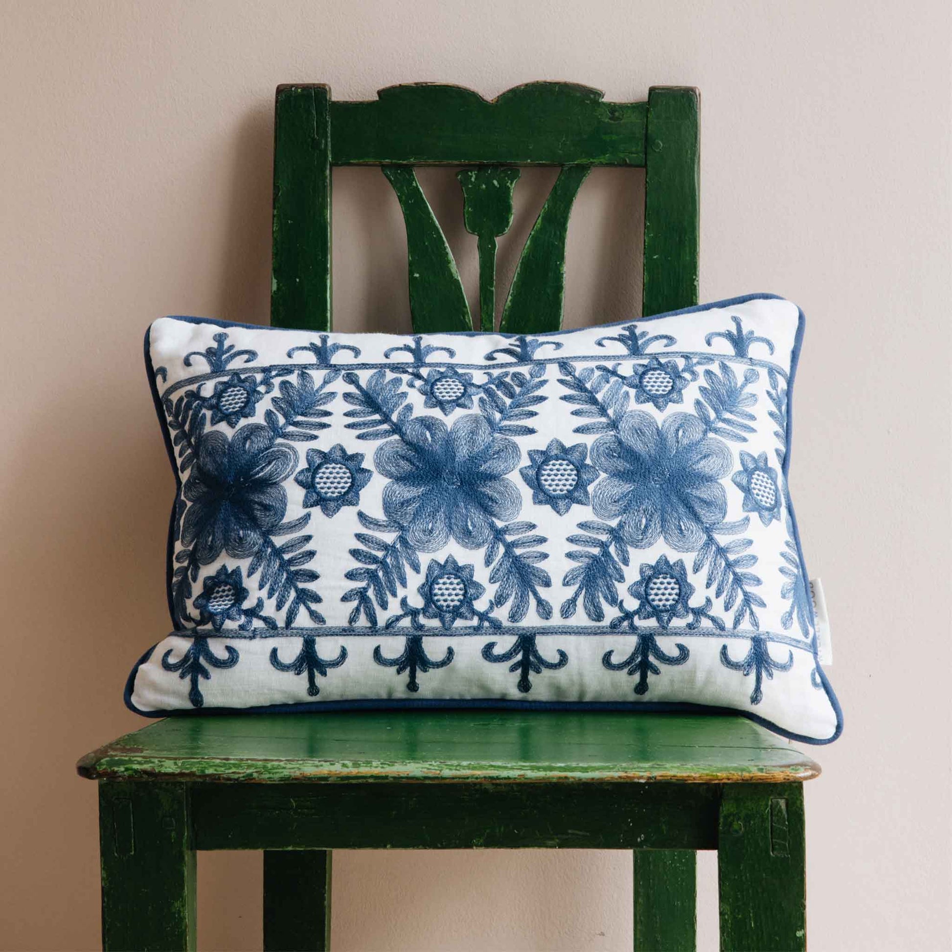 angelica oblong cushion navy blue embroidery