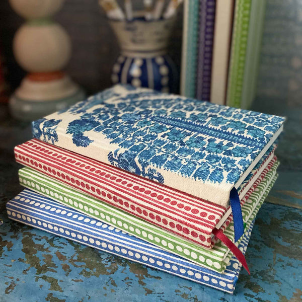 fabric bound blue patterned notebook