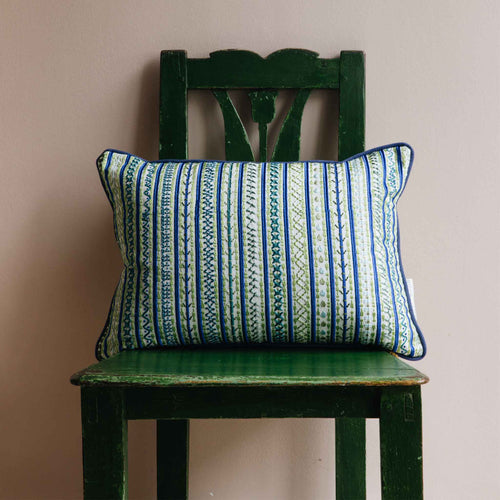 capri oblong cushion blue green embroidery