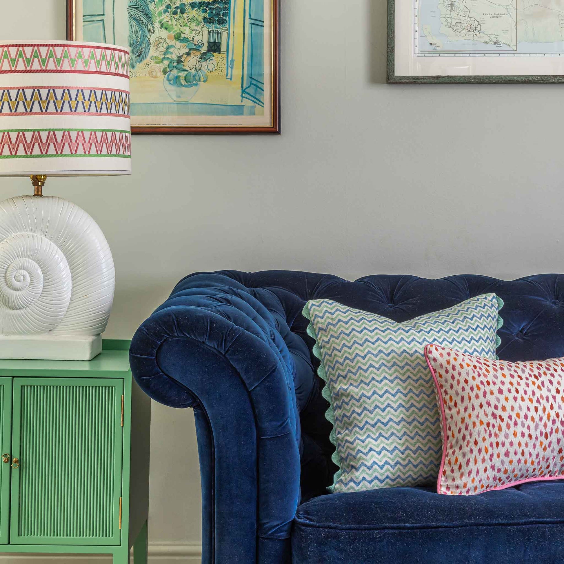 zig zag and dotted cushions on sofa