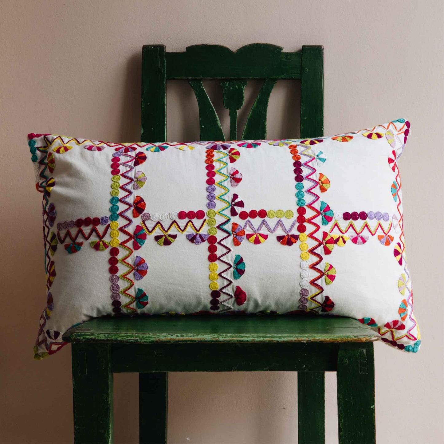 chiapas oversized oblong cushion multicoloured mexican embroidery