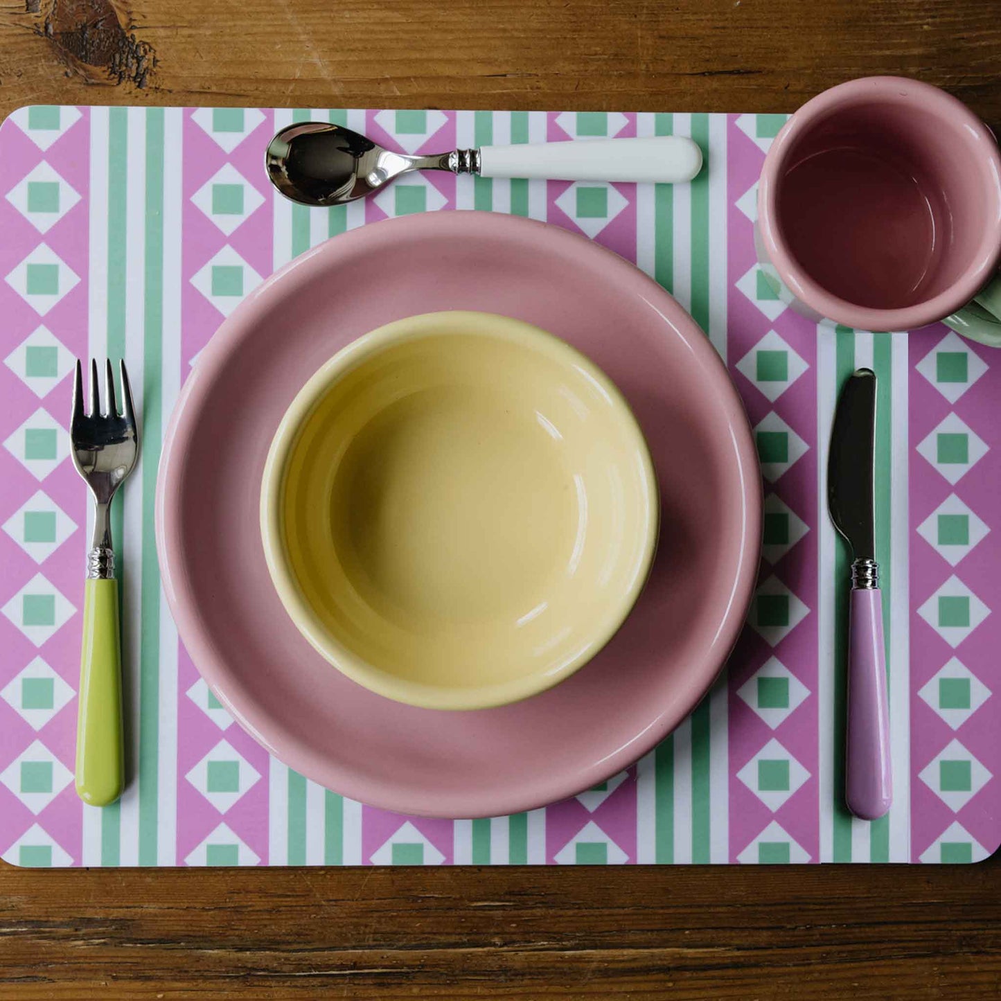 Children's 3 Piece Enamel Tableware Set Green Pink