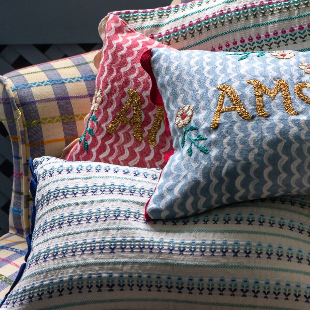 wicklewood embroidered hand woven cushions
