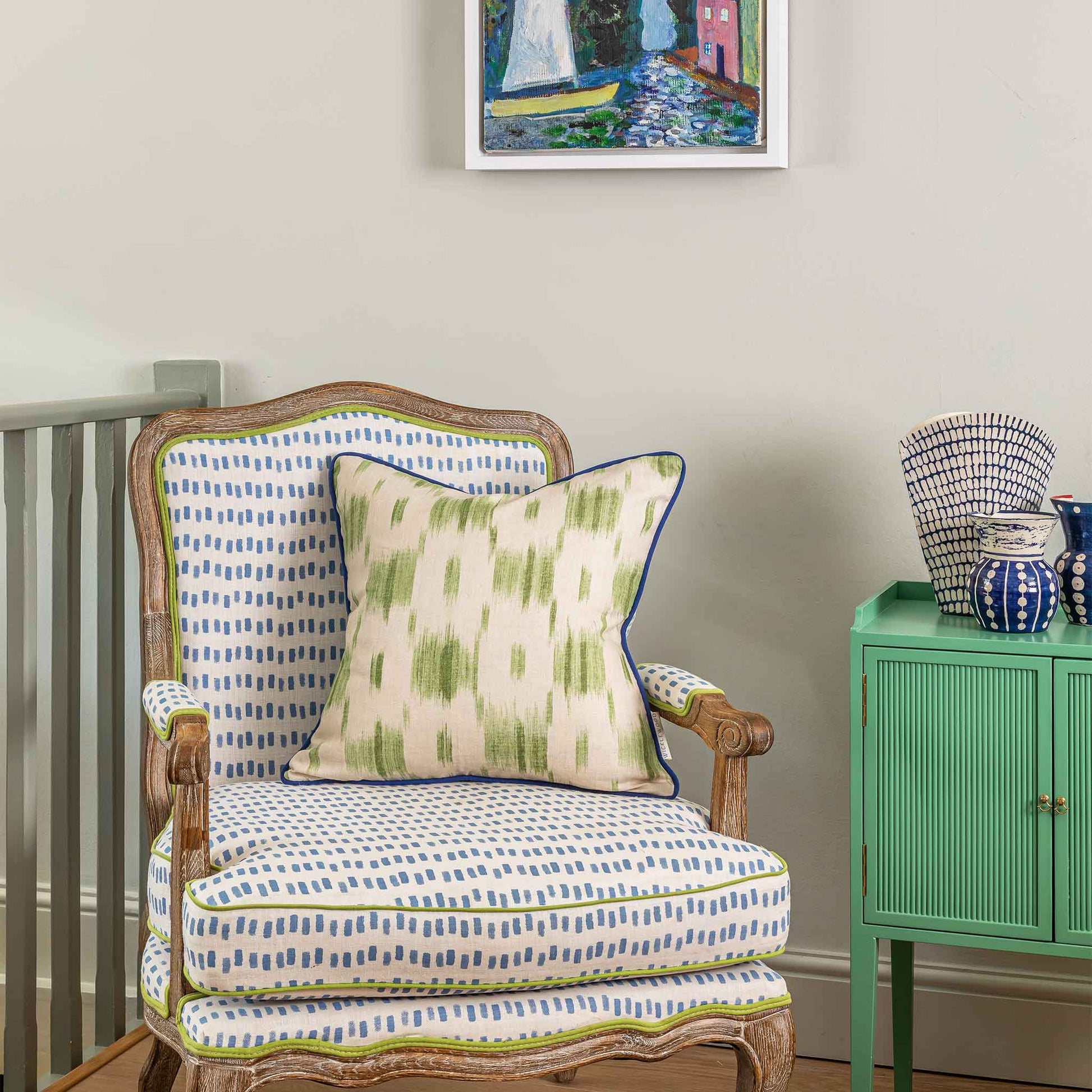 ikat check green cushion blue trim