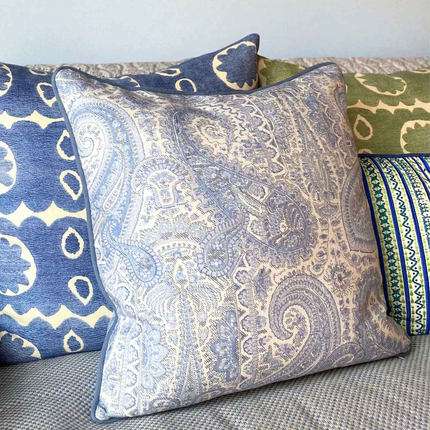 leighton blue white paisley cushion
