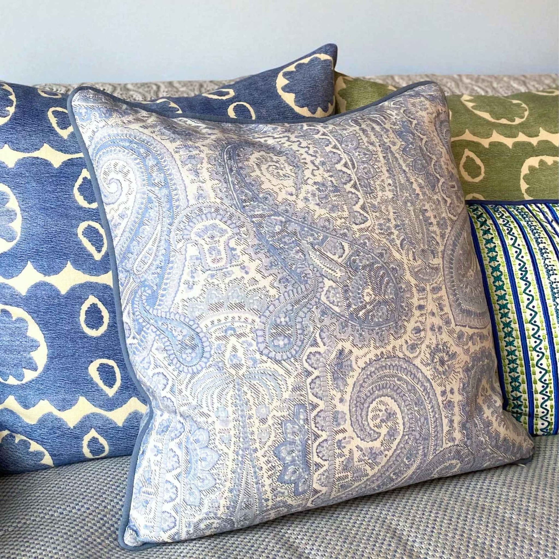 leighton blue white paisley cushion