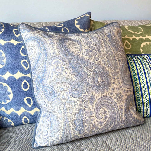 leighton blue white paisley cushion