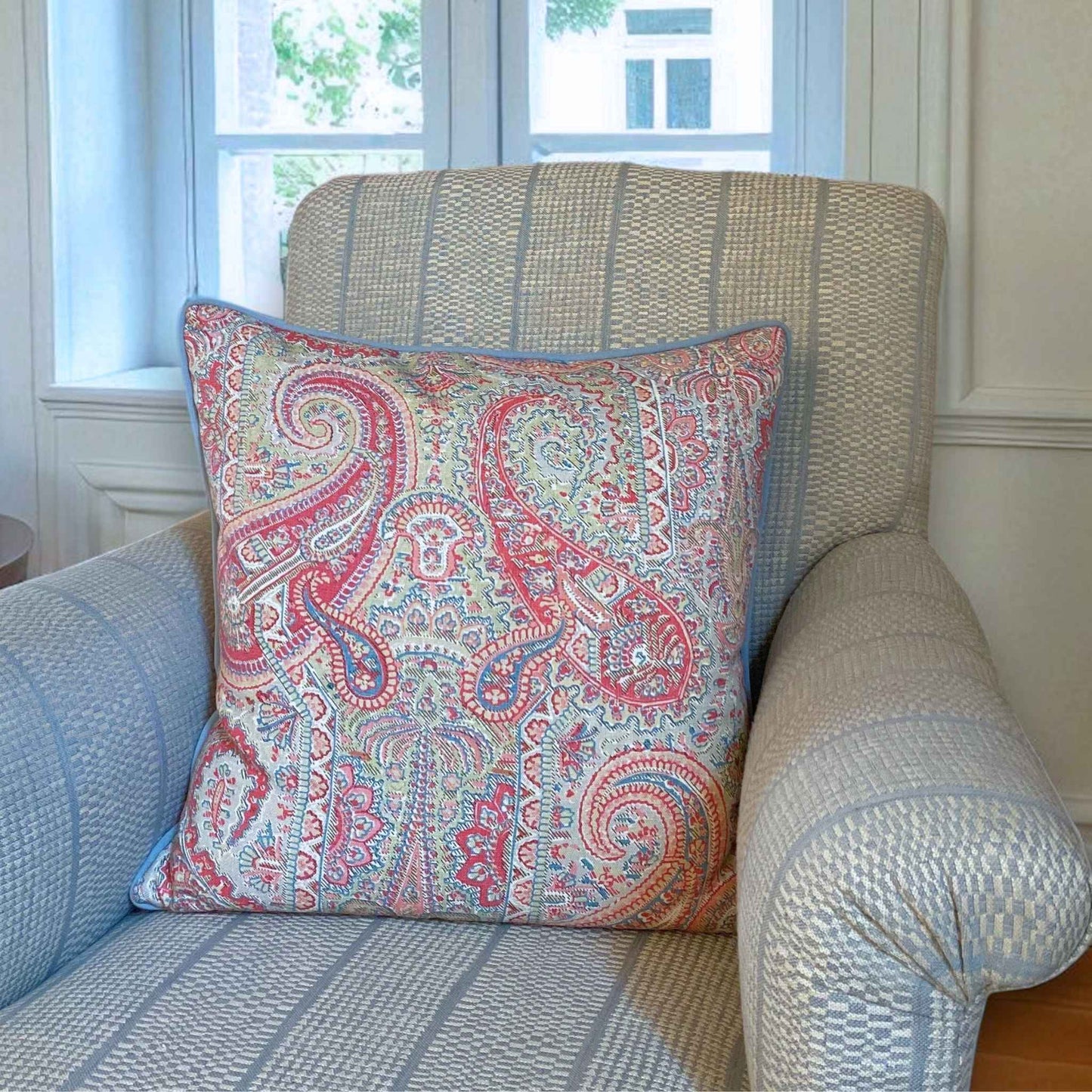 square paisley cushion pink blue