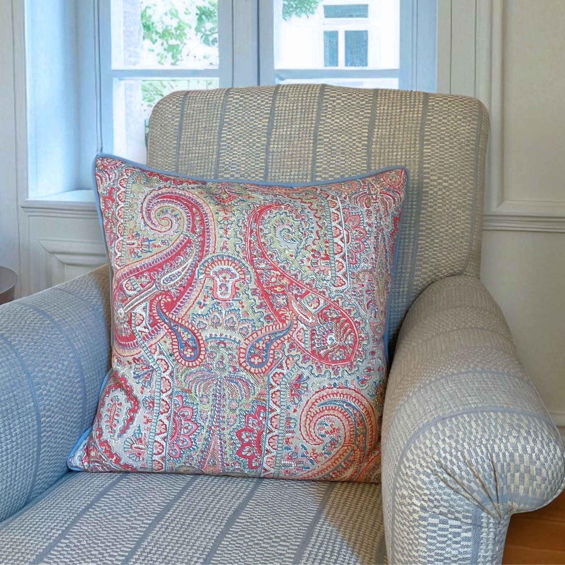 square paisley cushion pink blue